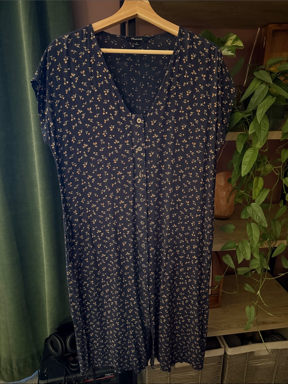 Madewell Navy Blue Floral Button-Front Midi Dress